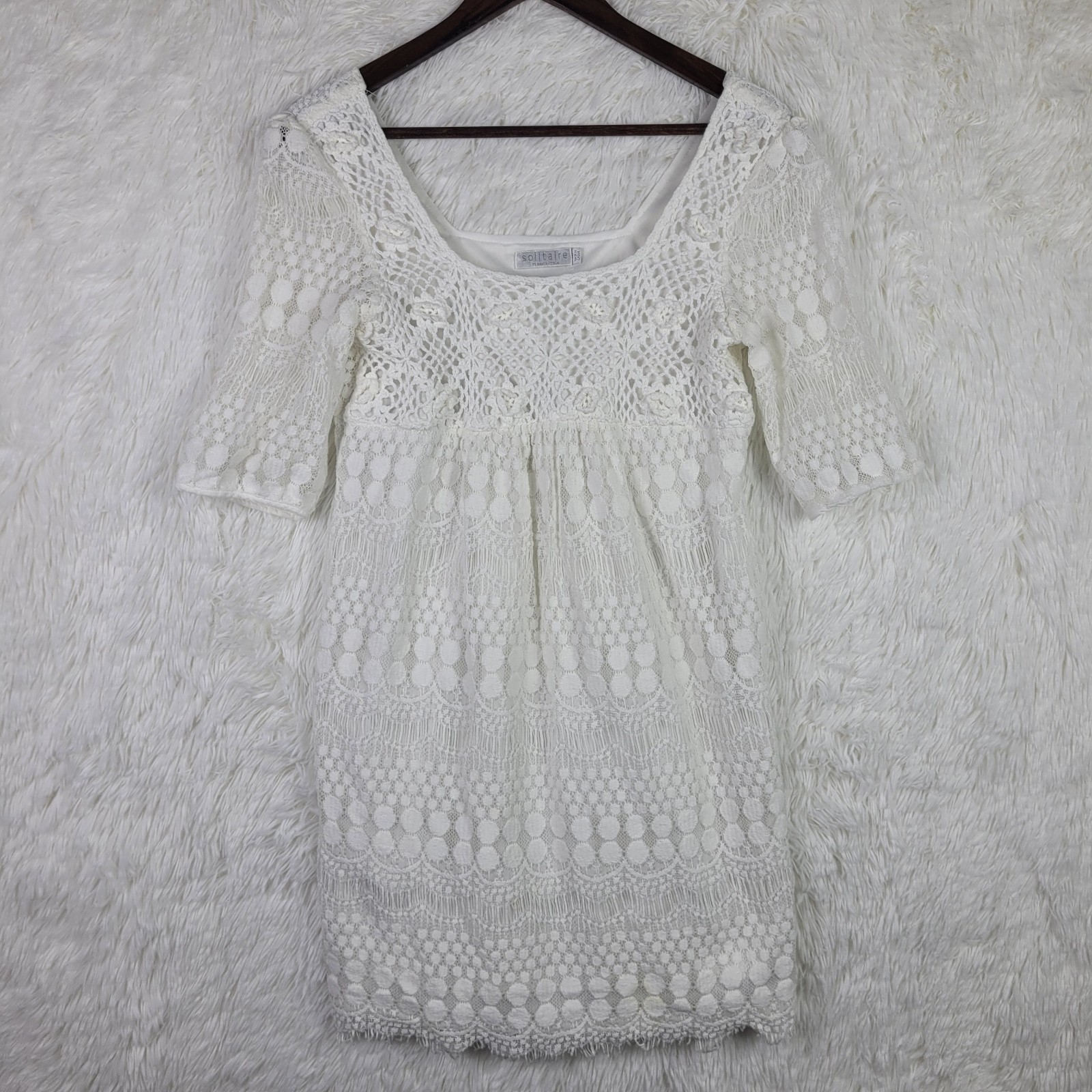 Solitaire Crochet White Knee Length Lined Tiered Dress Fringe Cottagecore Sz Med