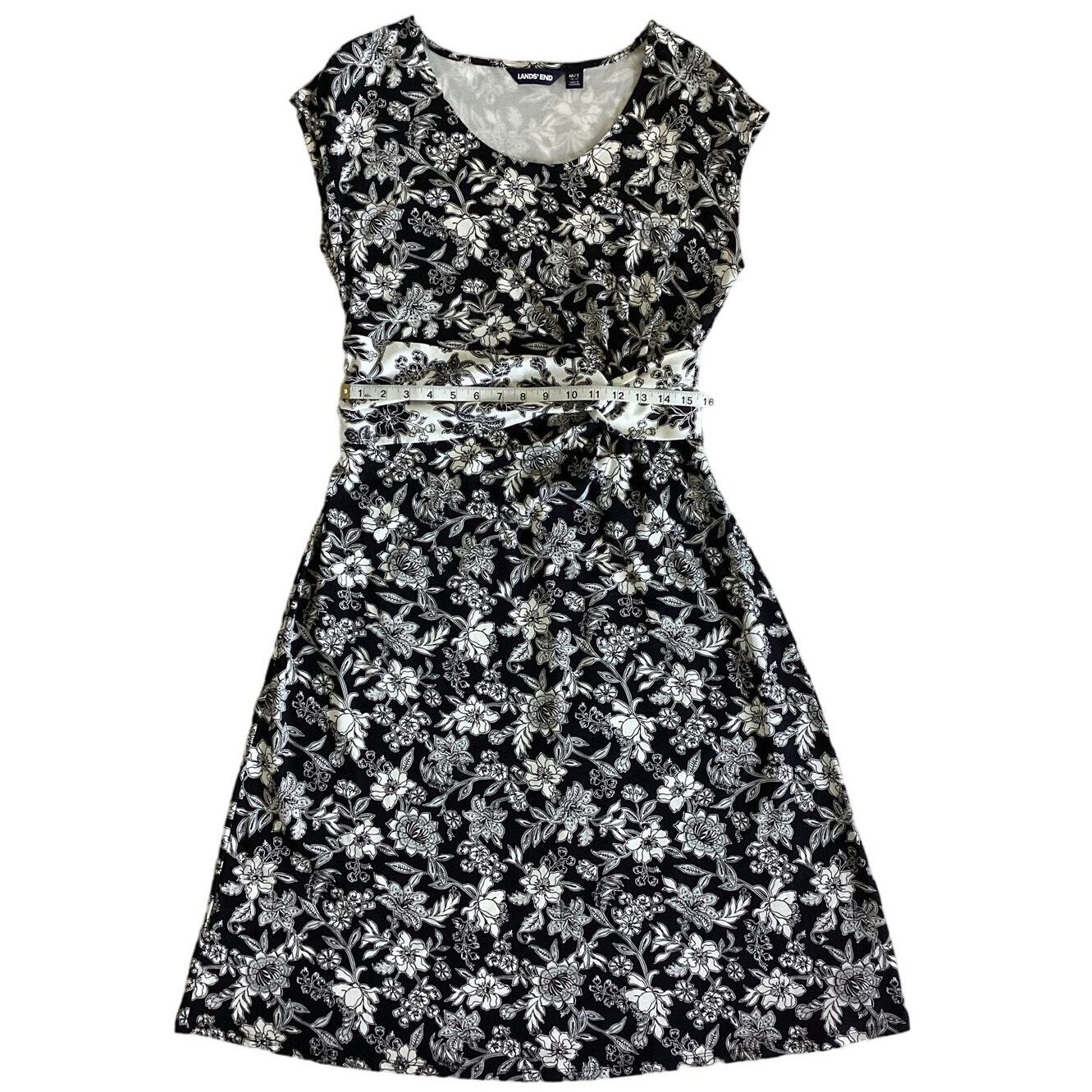 Lands End Knee Length Floral Pull Over Knit Sheath Dress Black White 10 or M