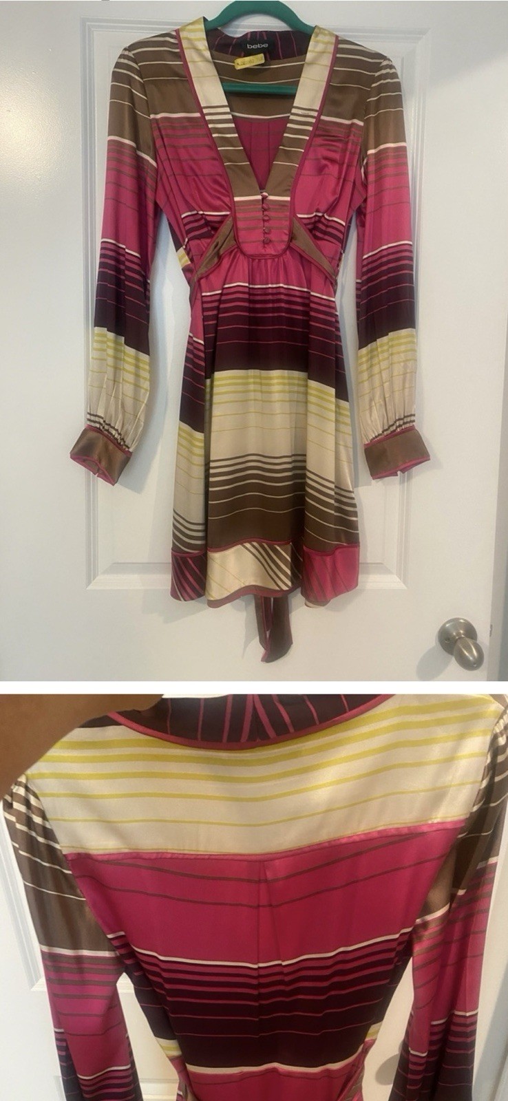 BeBe 96% Silk Striped V-Neck Dress Size Medium Covered Buttons