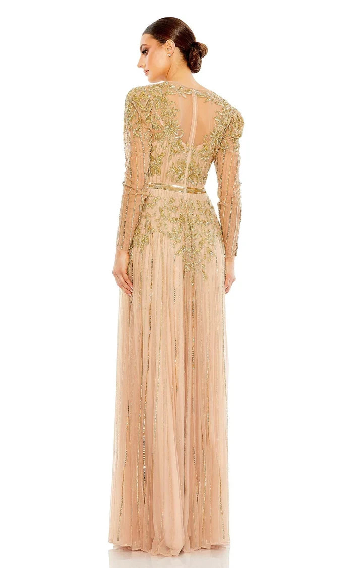 Mac Duggal Nude Beige Gold Beaded Illusion Puff Sleeve Gown Size 18 $598