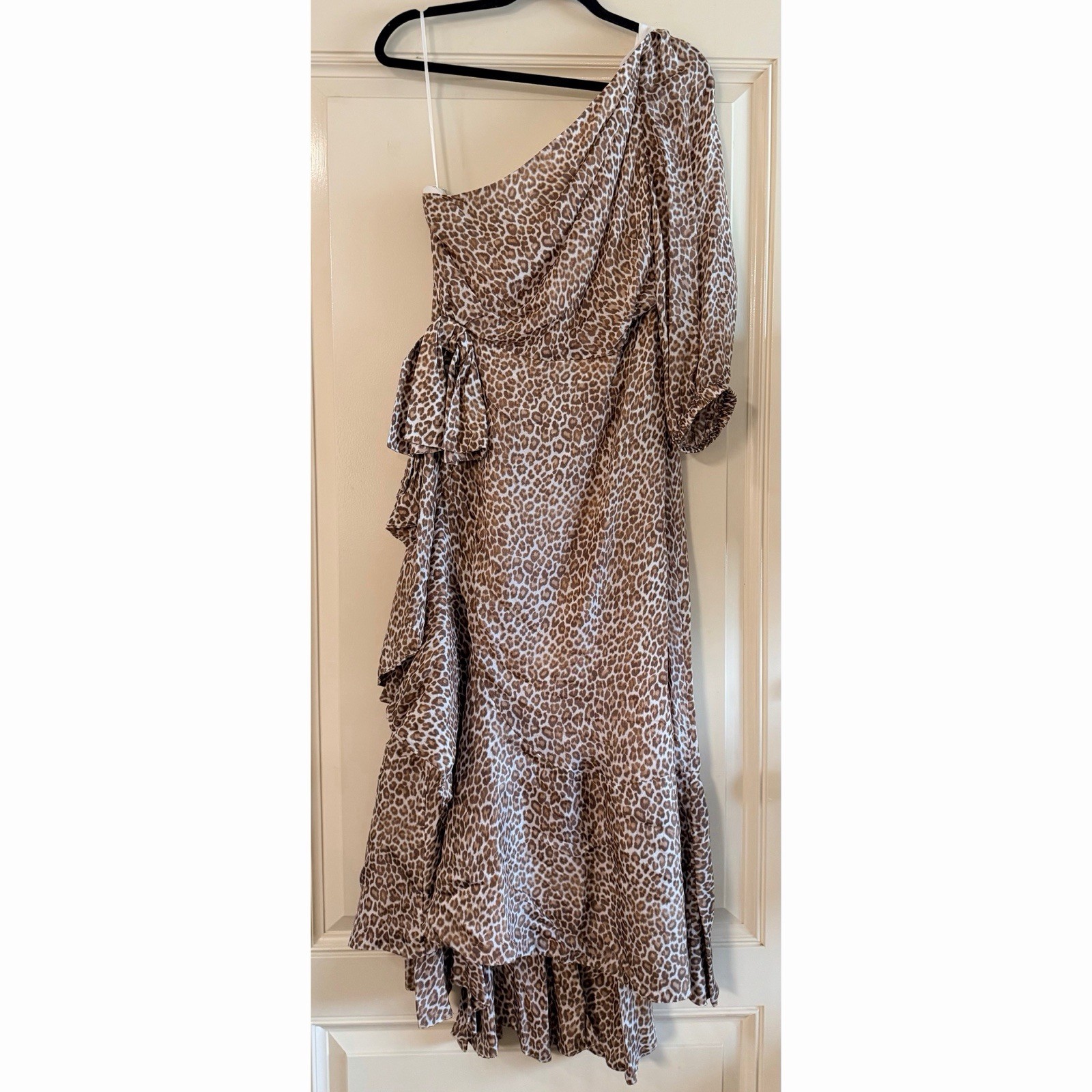 J. Crew Collection Tan Satin Leopard Print One Shoulder Dress, Size 12