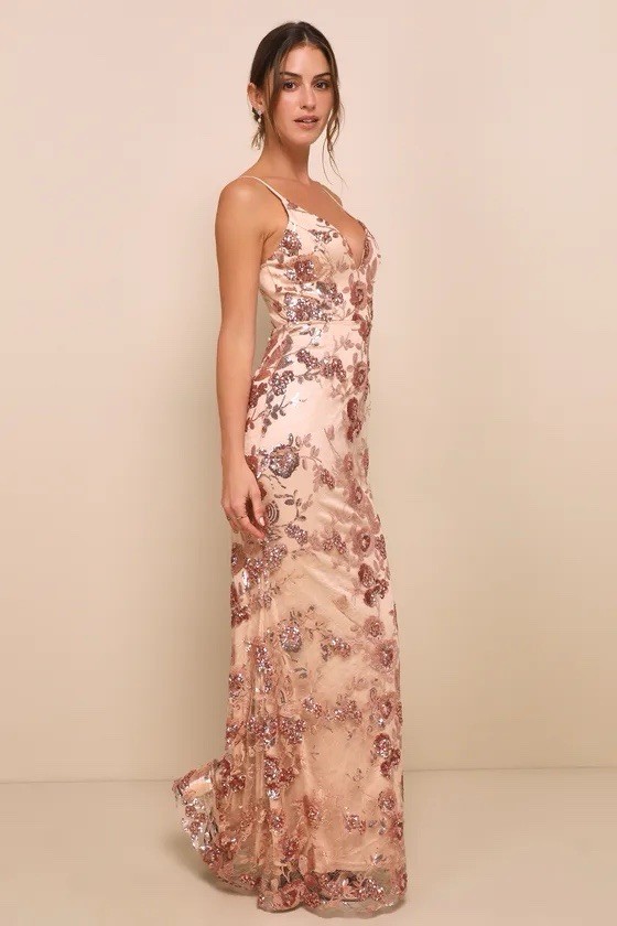 Lulus Beige/Rose Gold Sequin Floral Strappy V-Neck Long Gown Dress XS