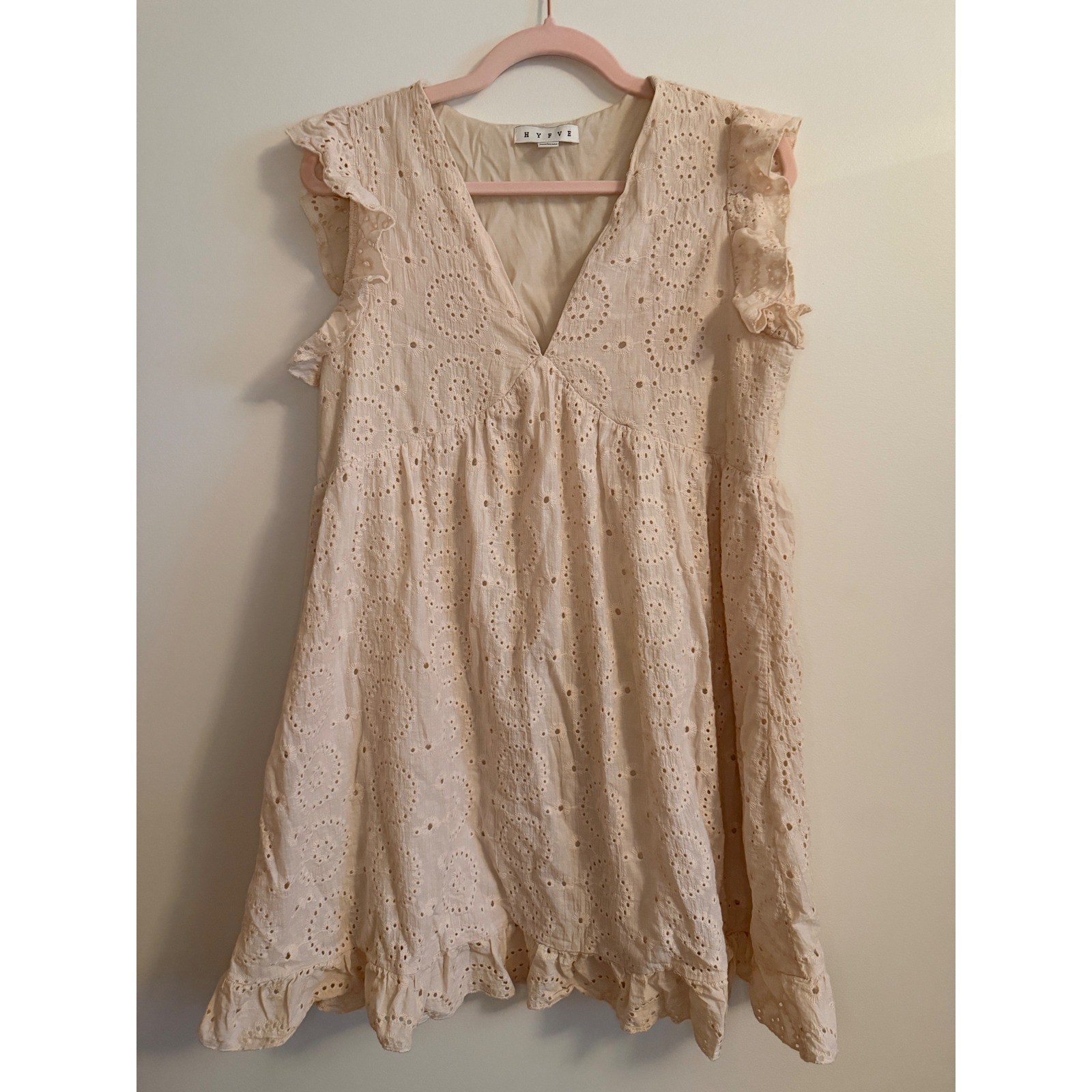HYFVE Cream Eyelet Ruffle V-Neck Mini Dress – Size Large
