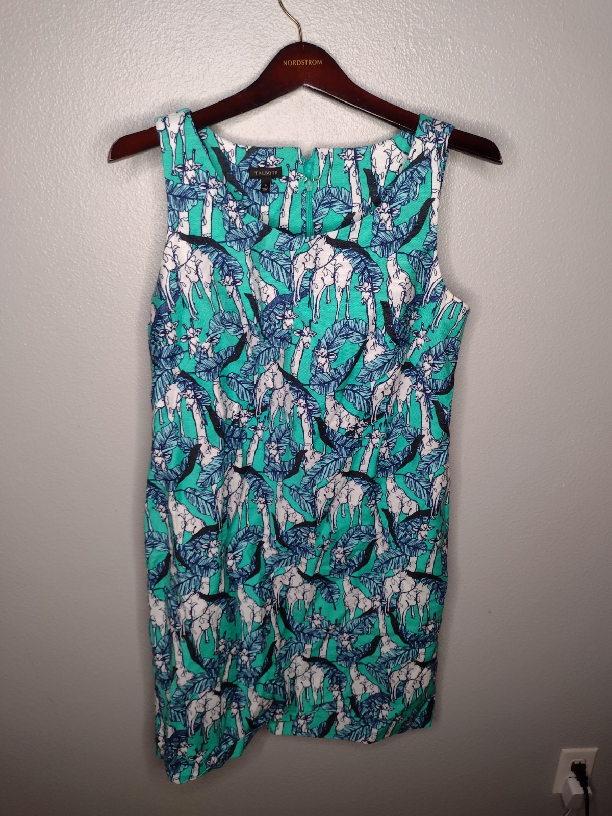 Talbots Women’s Sheath Shift Dress 6 Giraffe Palm Jungle Animal Sleeveless W