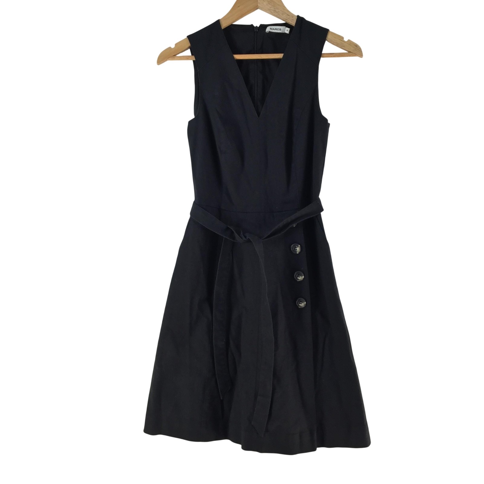 MARCS Dress Womens 6 Black V Neck Sleeveless Belted Fit Flare Knee 133898