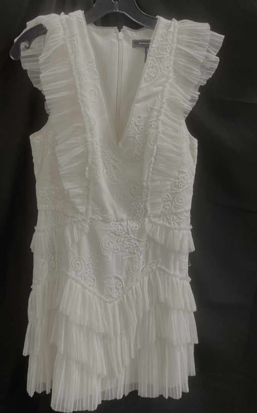 BCBGMAXAZRIA White Embroidered Ruffle Dress