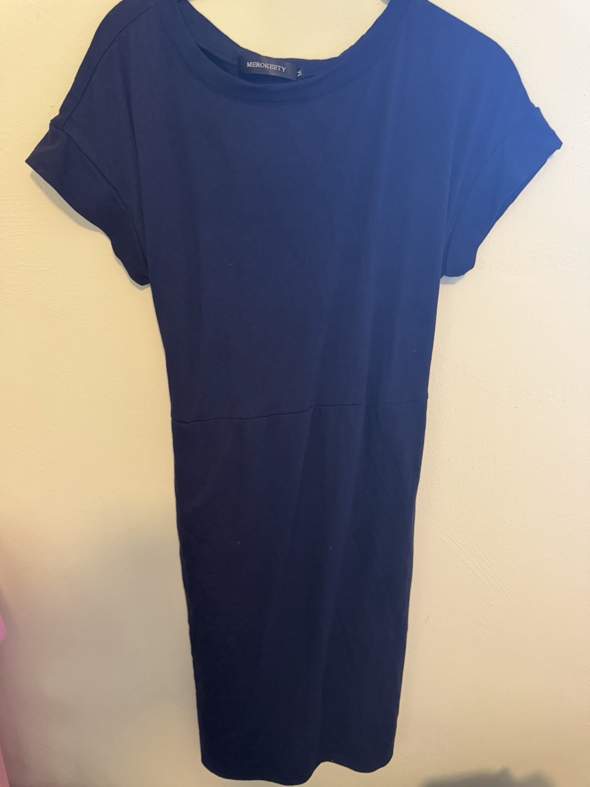 MEROKEETY Women’s M Blue Solid Shirt Dress Short Sleeve Pockets Belted