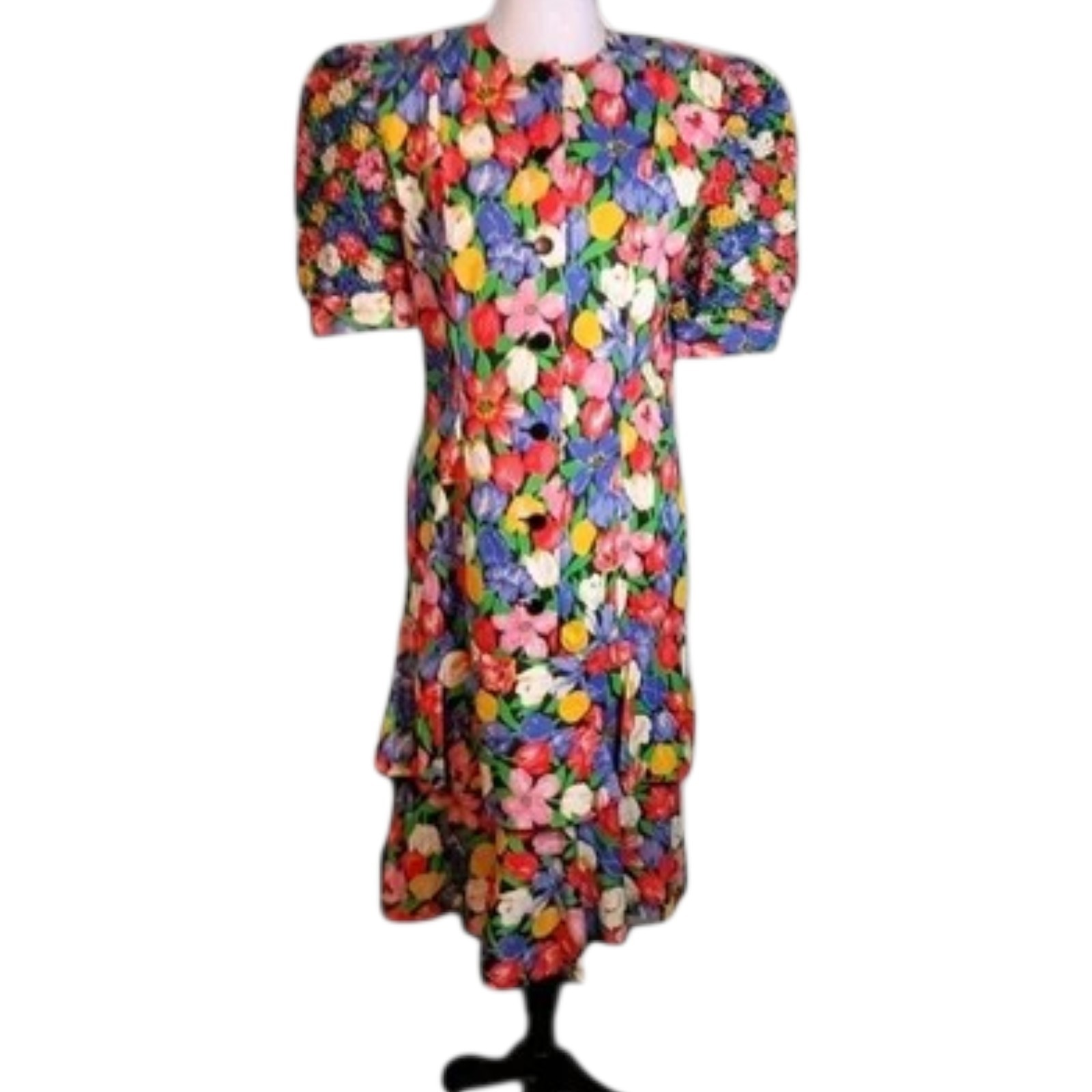 Vintage 80s Floral Puff Sleeve Midi Dress Tiered Skirt Button Neiman Marcus Sz 6