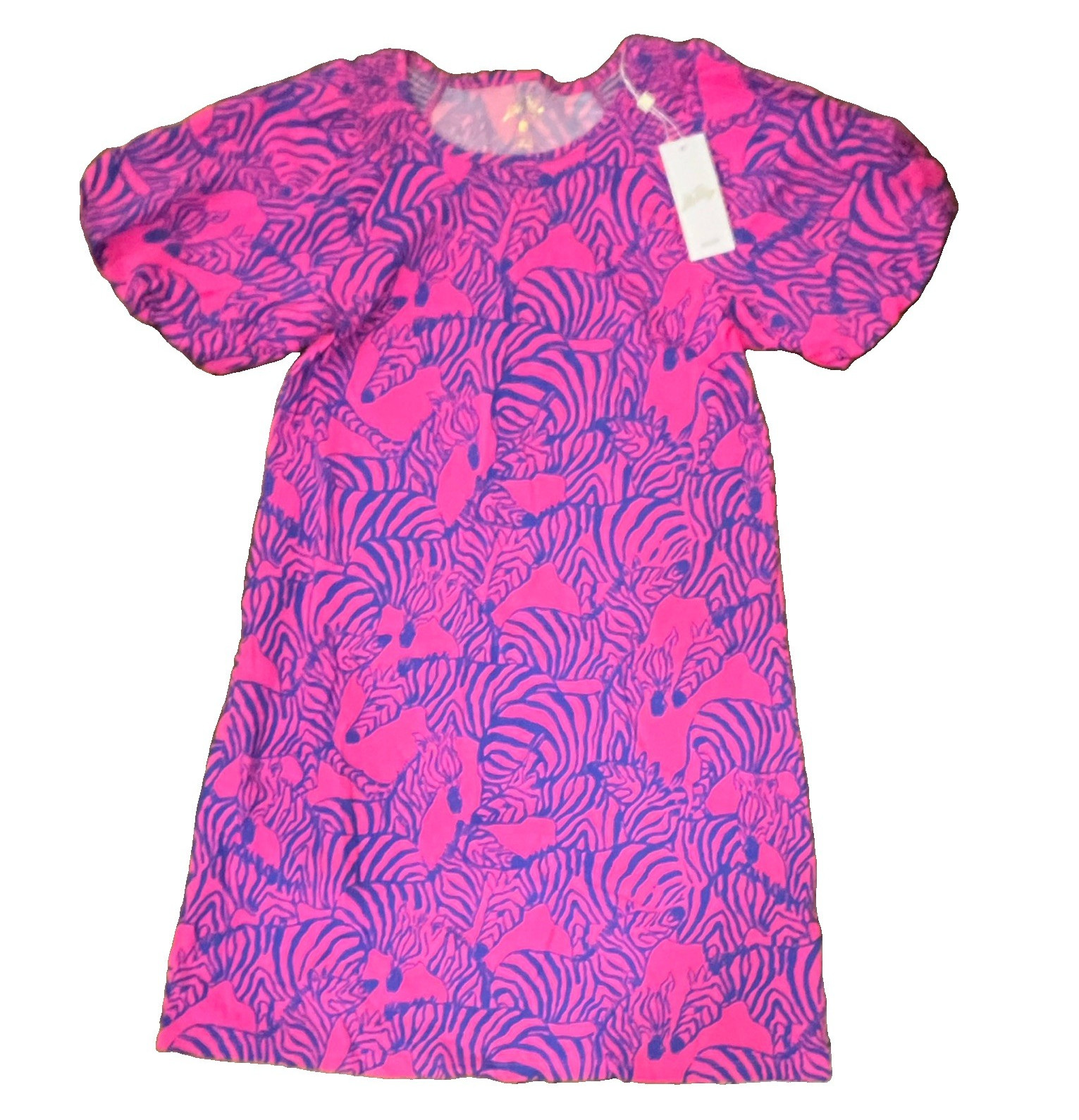 Lilly Pulitzer Pink Zebra Animal Print Shift Dress Scoop Neck Puff Sleeve S
