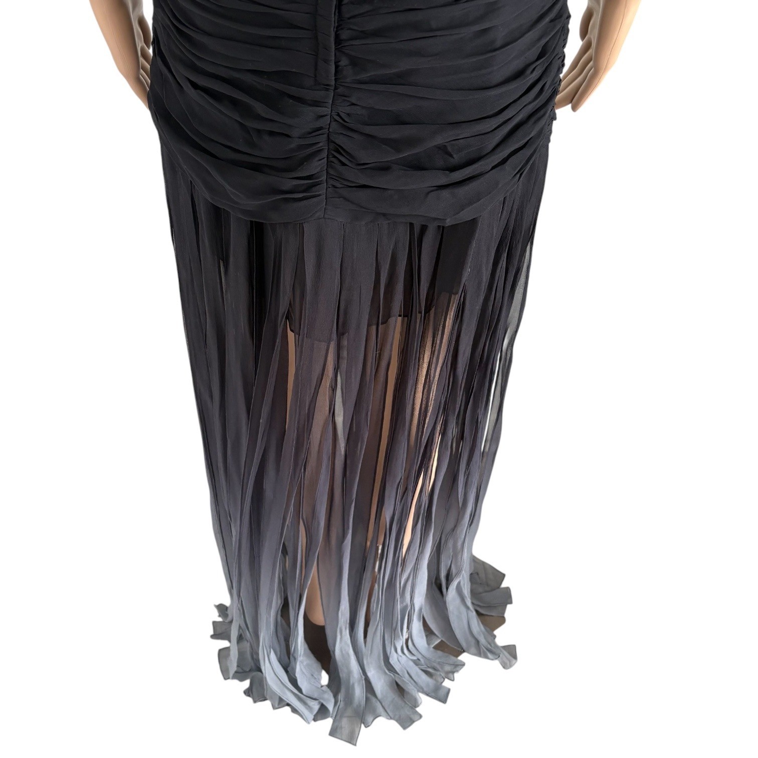 BCBGMAXAZRIA Strapless Silk Ruched Ombre Fringe Maxi Dress 8 Old Hollywood
