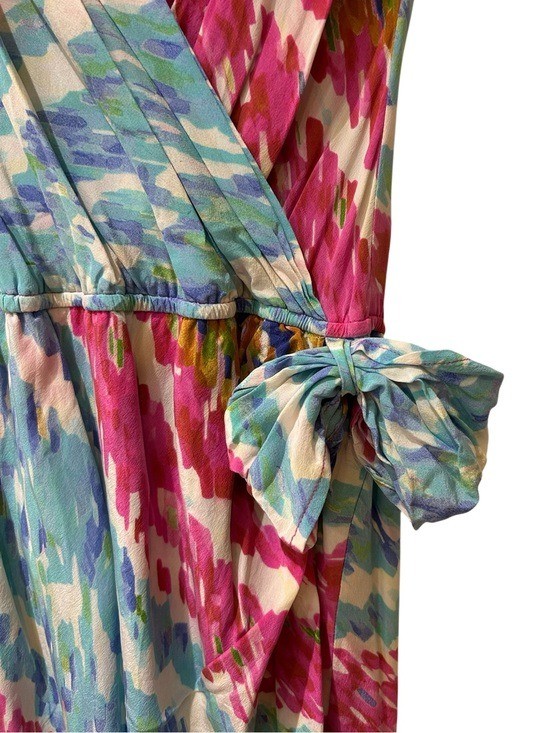 Presley & Skye Silk Pink, Blue & Mustard Abstract Faux Wrap Dress. Medium