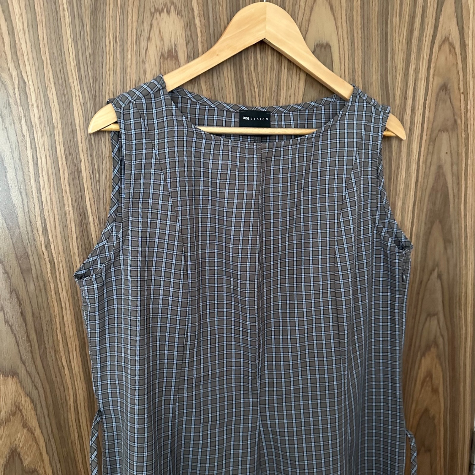 ASOS Blue Check Tie Back Cinch Waist Seam Detail Boat Neck Mini Dress 14