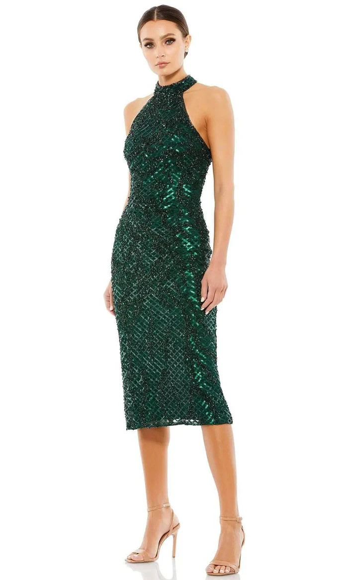 Mac Duggal Bottle Green Lattice Sequined Beaded Halter Midi Dress Size 12 $398
