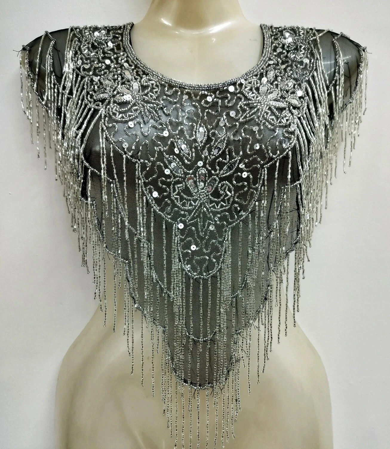 BLACK SILVER SHEER NET EMBROIDERY HANDMADE TOP DESIGNER PONCHO CAPE WOMEN DRESS