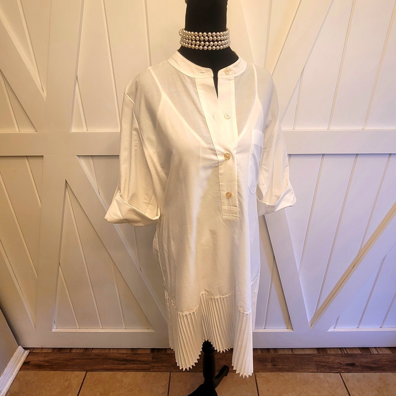 Banana Republic White Belted Pleated Hem Shirt Dress Medium Lined Cotton