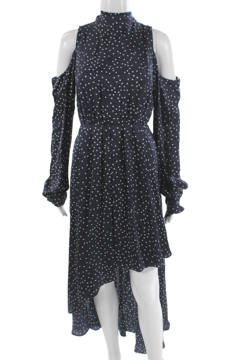 Magda Butrym Women Dark Blue Polka Dot High Neck Long Sleeve Maxi Dress Size 34