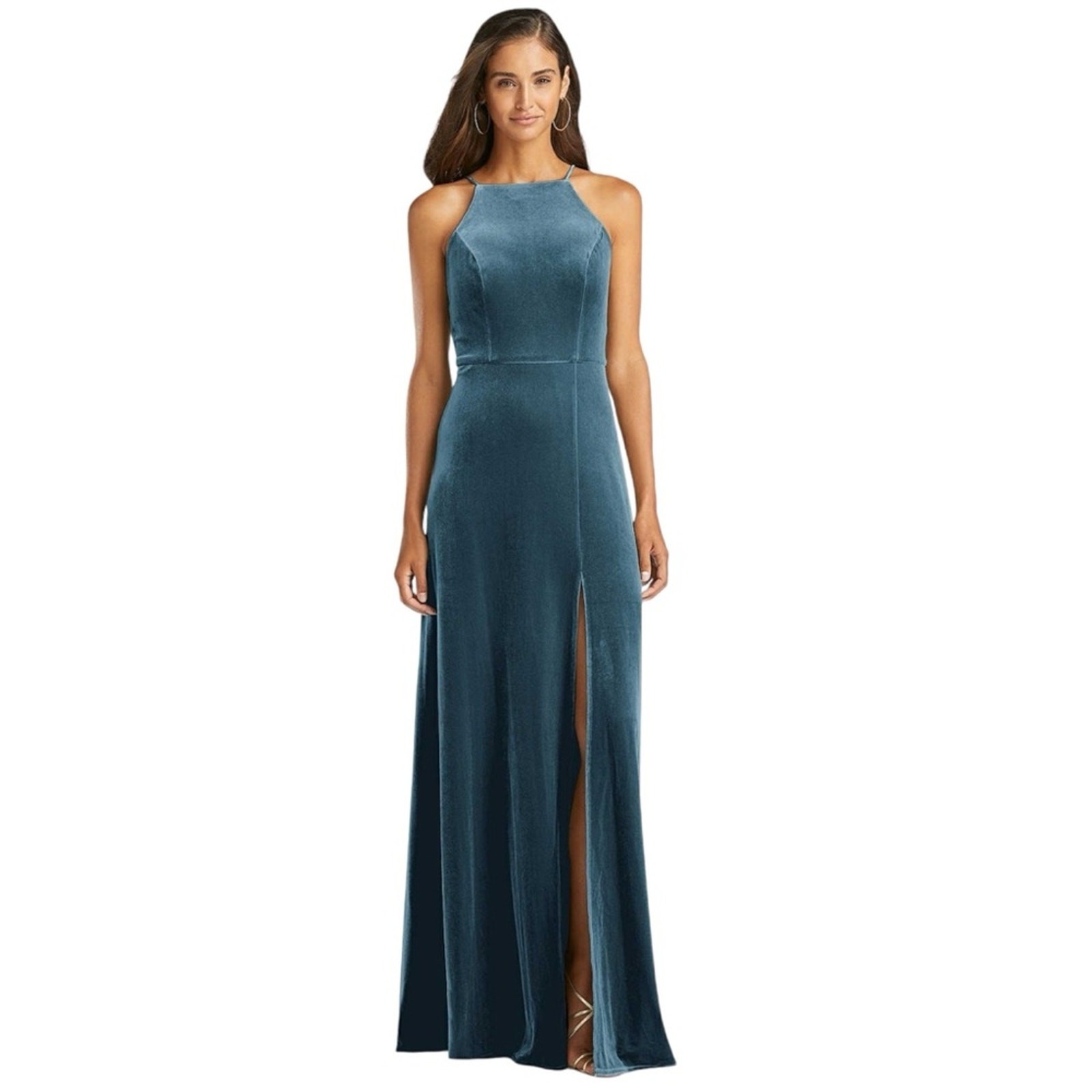 LOVELY Velvet Halter Maxi Gown with Slit in Dutch Blue Size 8