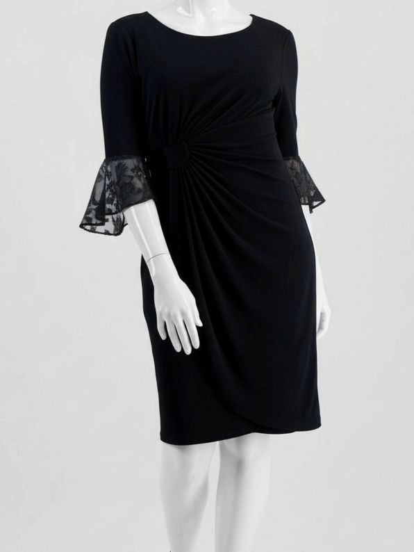 Connected Apparel Women’s Black Round Neck Ruffled Cuff Dress Petite Size 8P
