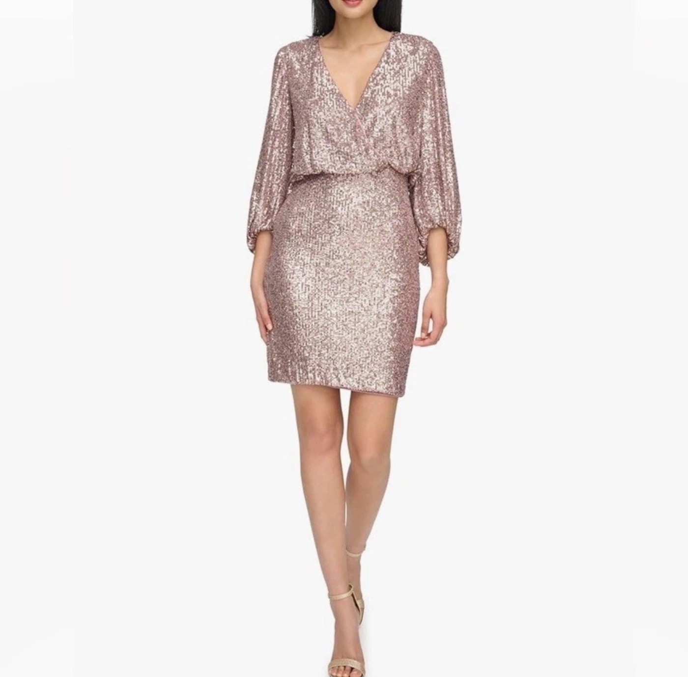 Eliza J Cocktail Sequin Mini Dress~ Rose Gold V-Neck Sheath/Balloon Sleeves NEW