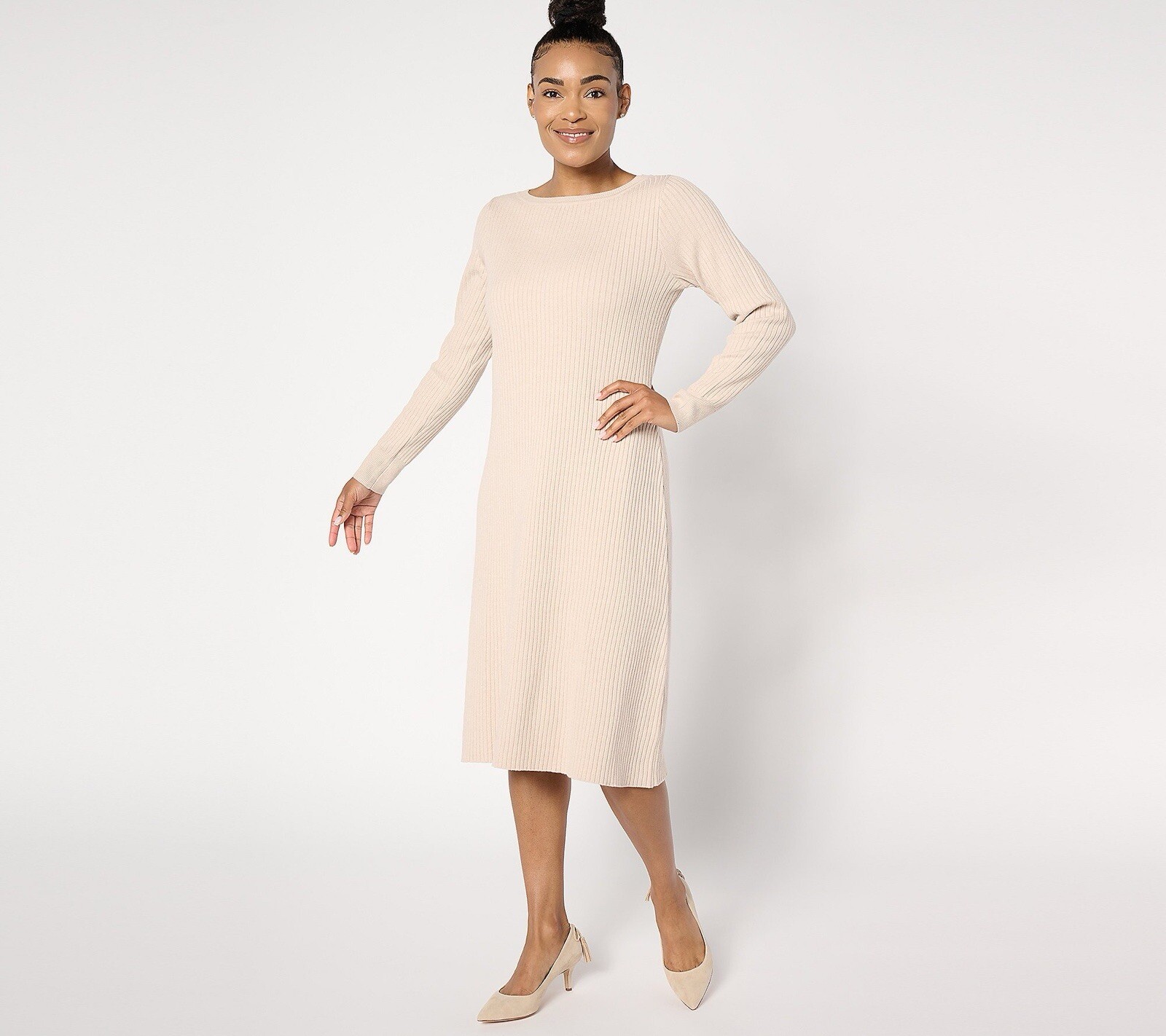 Susan Graver Petite Bateau Neck Sweater Dress – Oatmeal (Sz MP) A658697