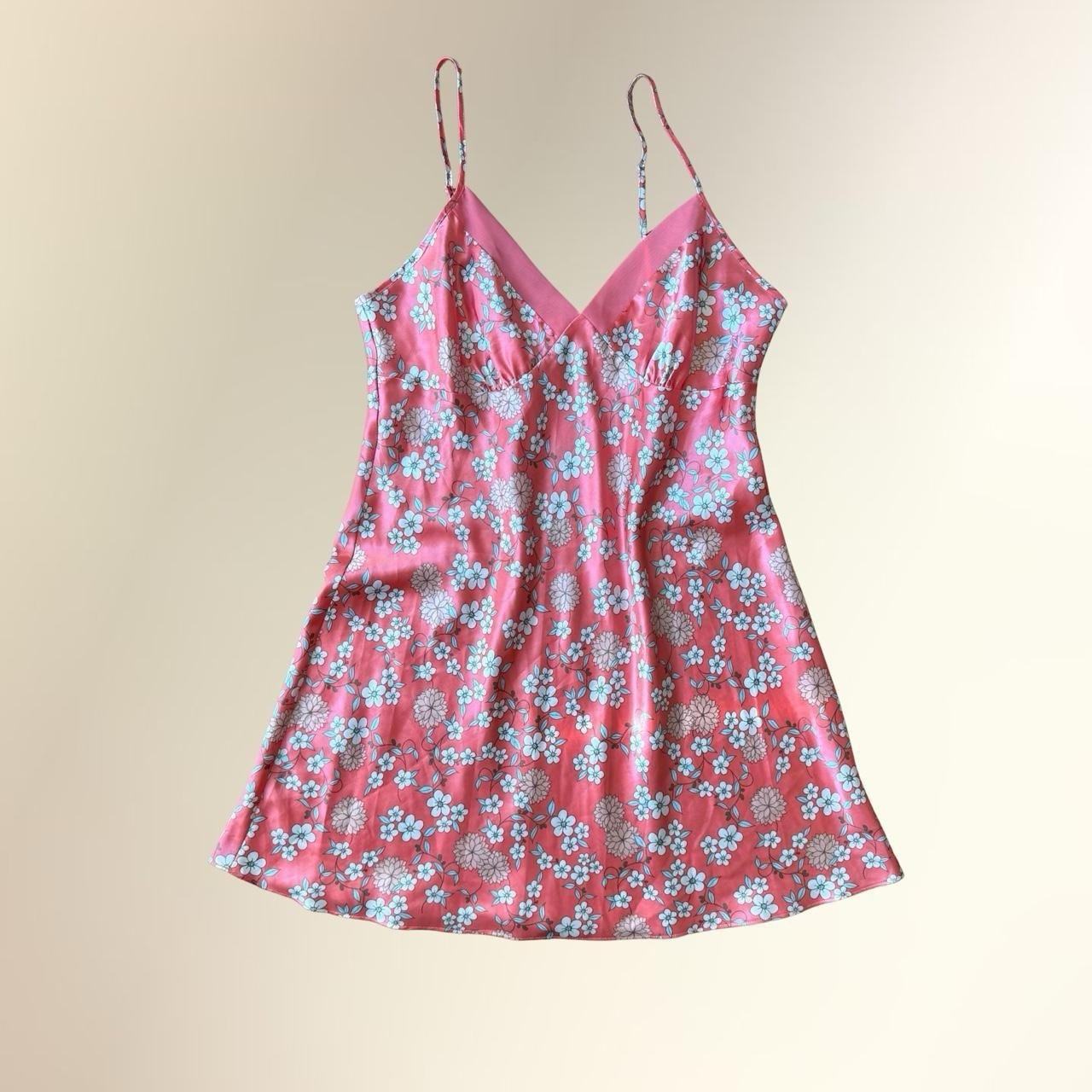 Pink White Floral Short V-Neck Sleeveless Strappy Slip A-Line Slip Dress