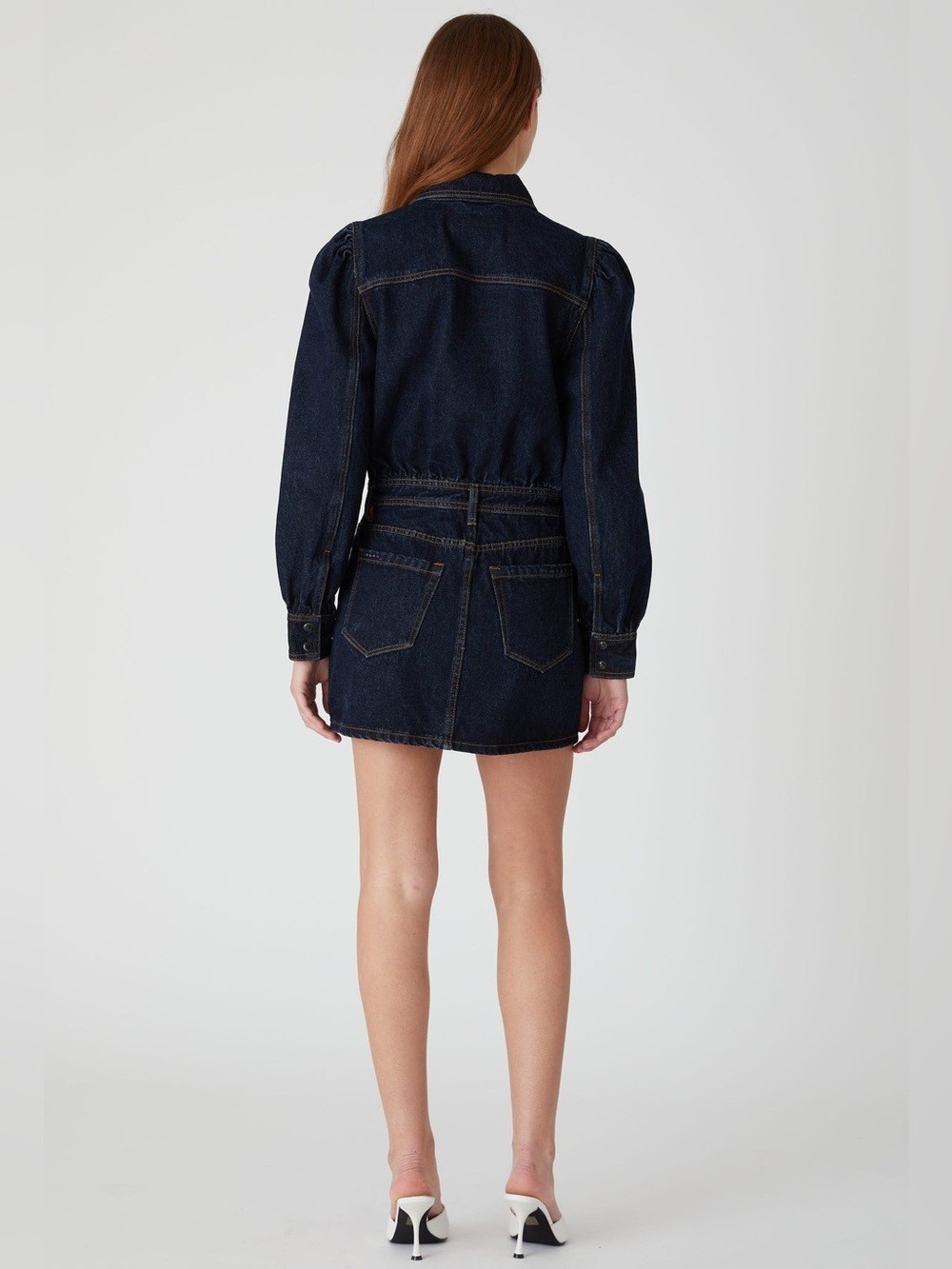 BlankNYC Deep Down Dress in Dark Indigo Wash With Long Puff Sleeves Size Medium