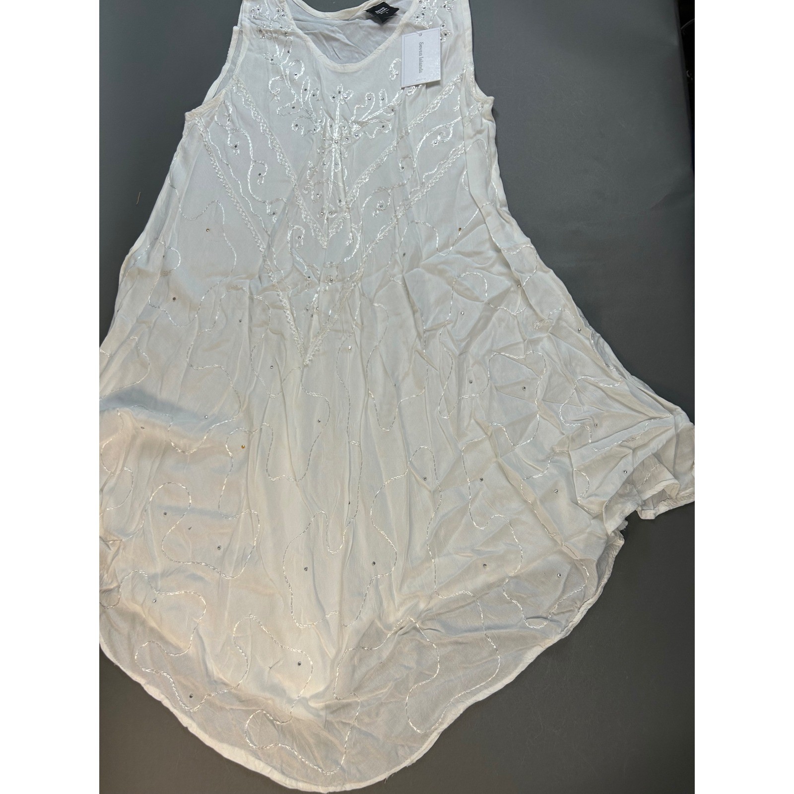 Seven Islands New York White Embroidered Sequin Sleeveless Rayon Midi Dress L