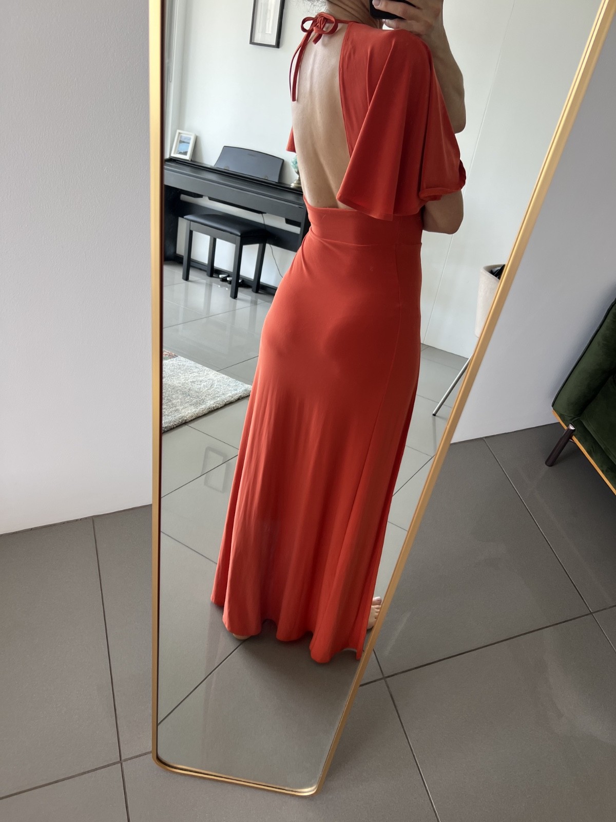 Stunning Orange/Rust Maxi Dress with High Slit & Draped Sleeves – Elegant Gown