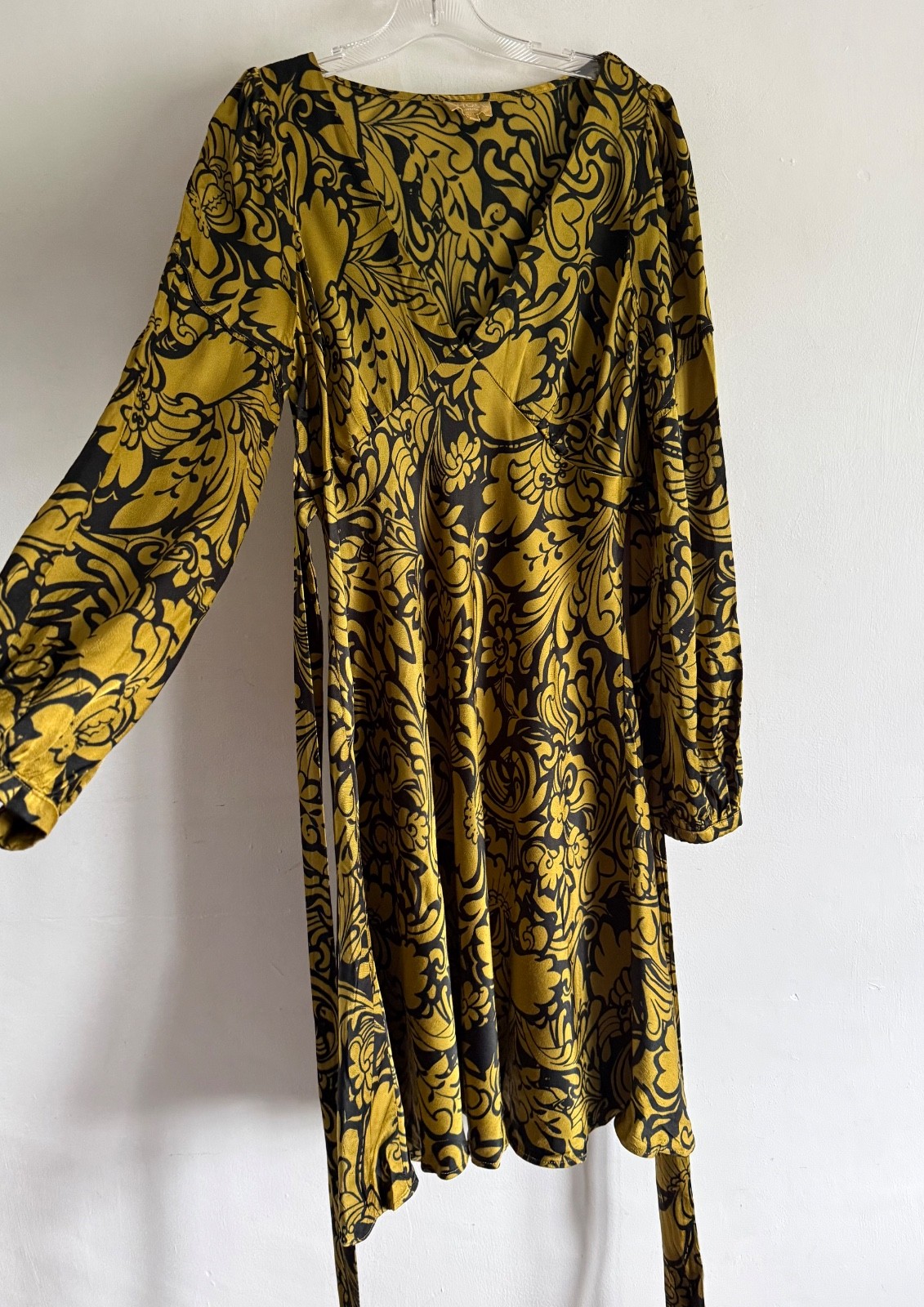 GHOST LONDON YELLOW & BLACK FLORAL PRINT LONG SLEEVES MIDI DRESS SIZE: LARGE