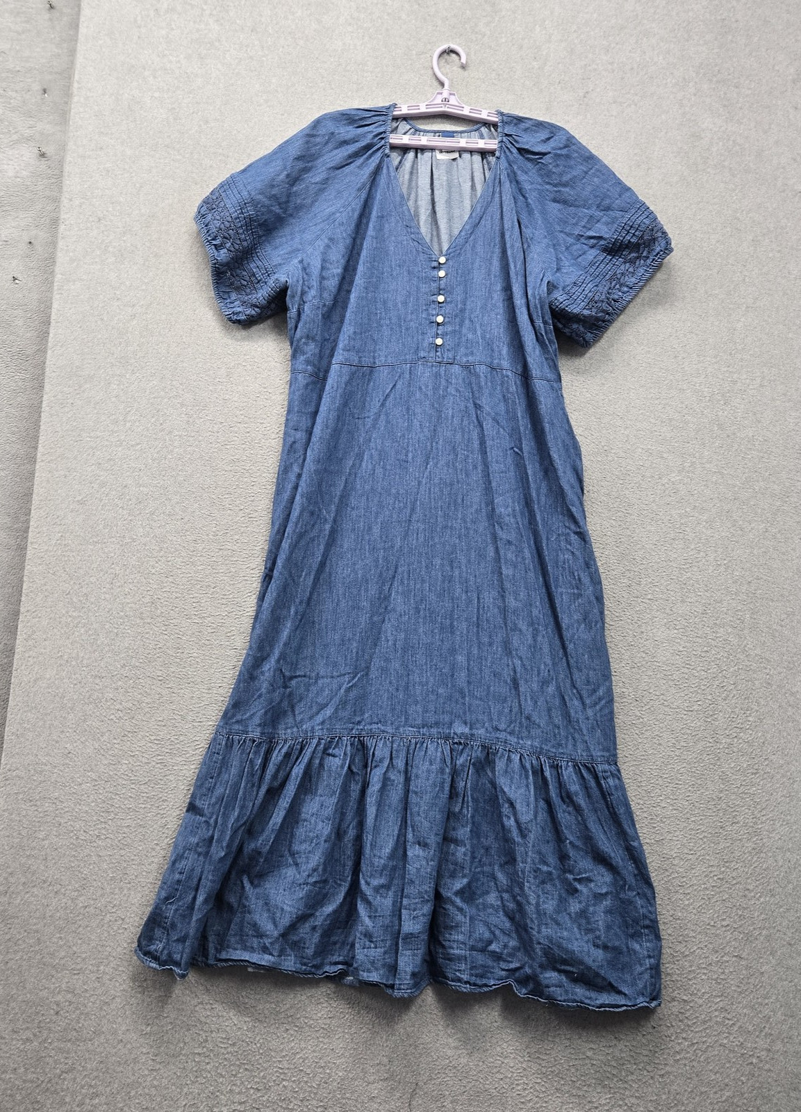 Old Navy Women Dress 2XL Blue Chambray Puff Sleeve All Day Maxi Swing Tiered