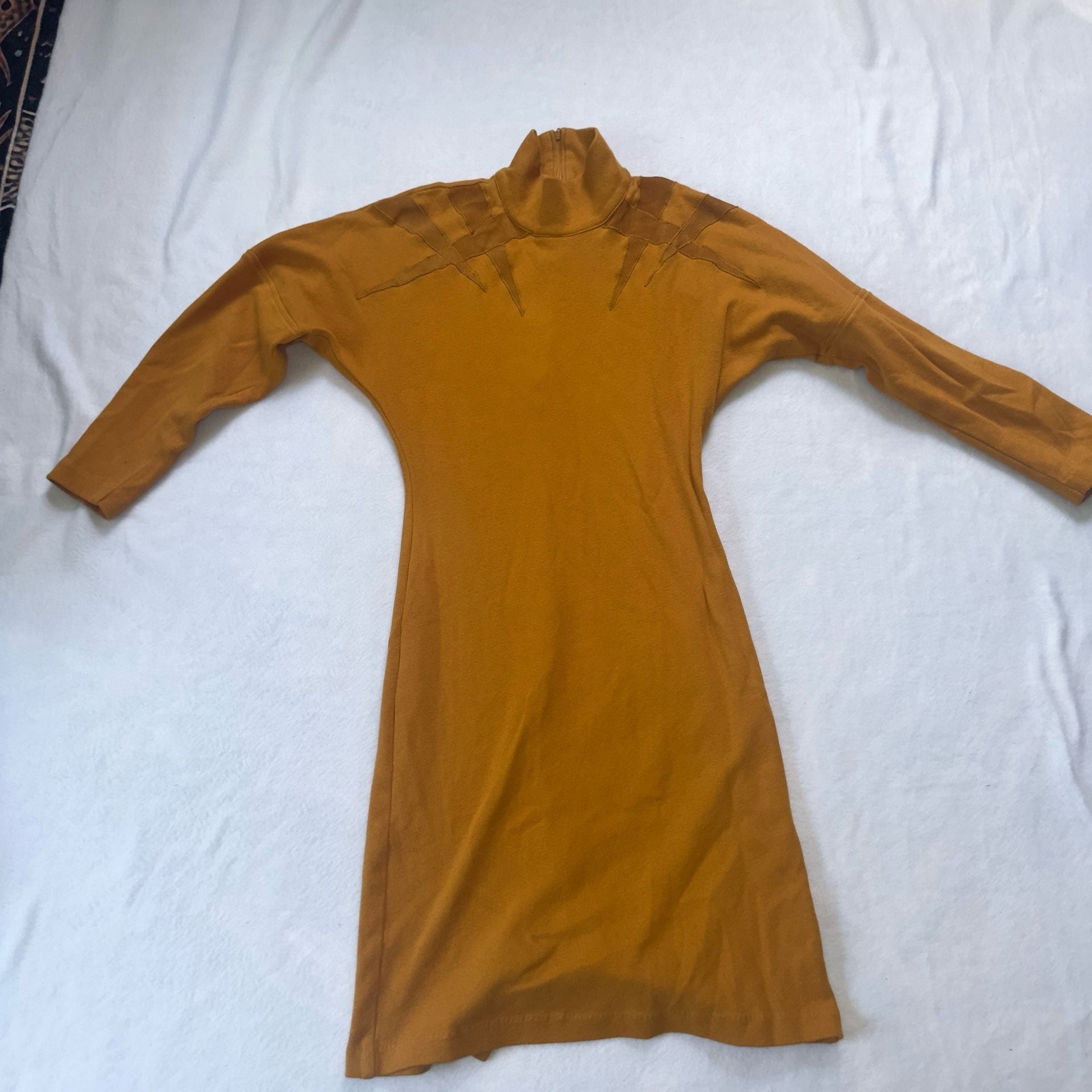 Xabia LA Mustard Yellow Long Sleeve Mock Neck Dress with Genuine Suede Trim