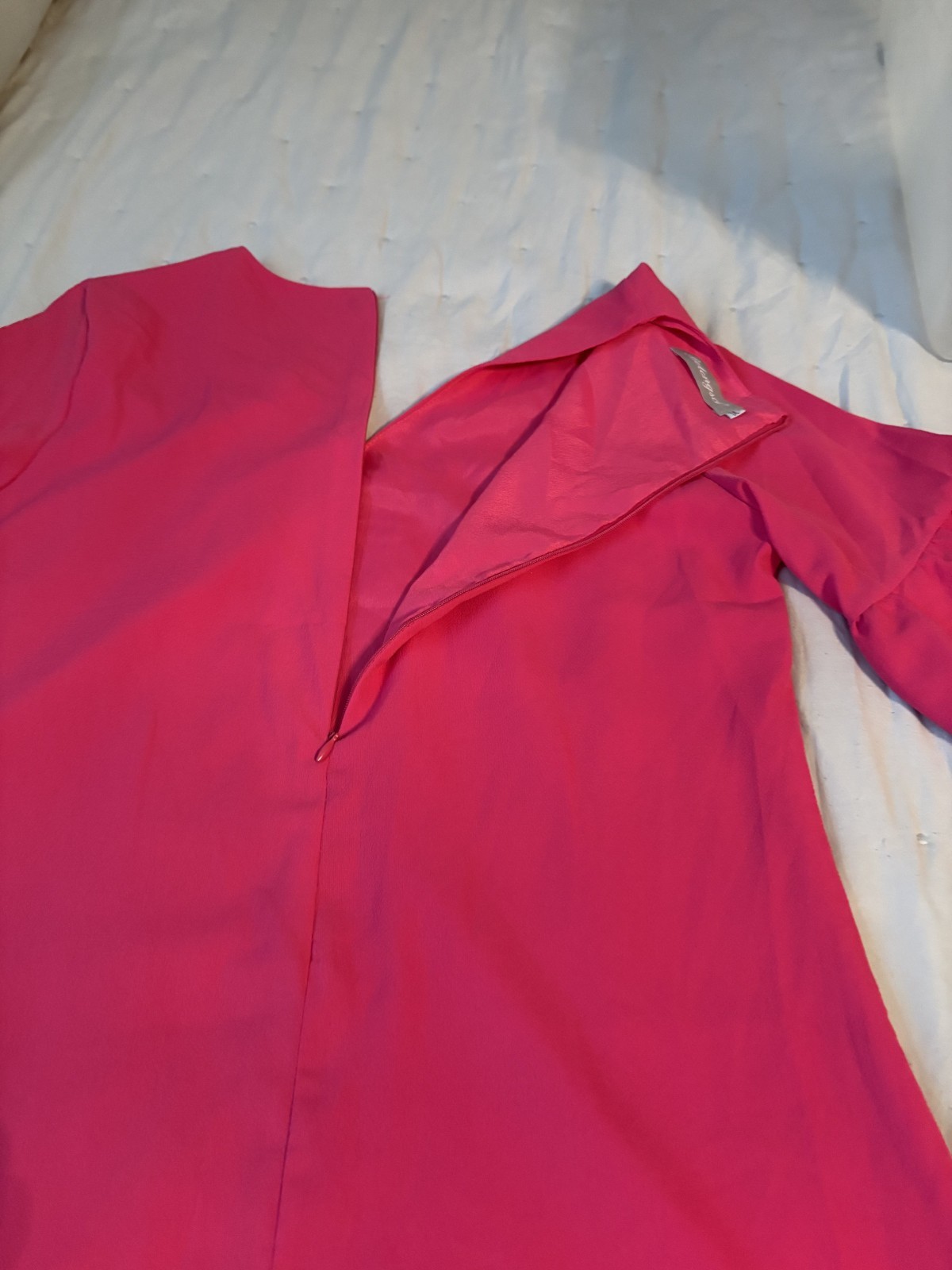 Belongsci M Shift Dress Pink Solid V-Neck 3/4 Ruffle Sleeve Chiffon BACK ZIP