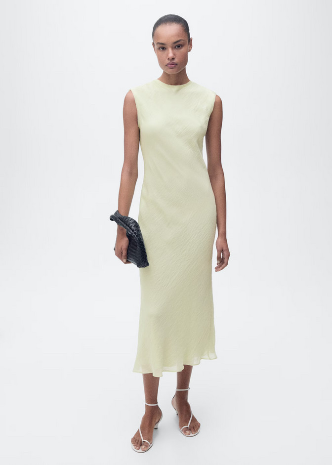 NWT MANGO MNG GREEN WRINKLED EFFECT SATIN OPEN BACK MIDI DRESS SZ M US 6