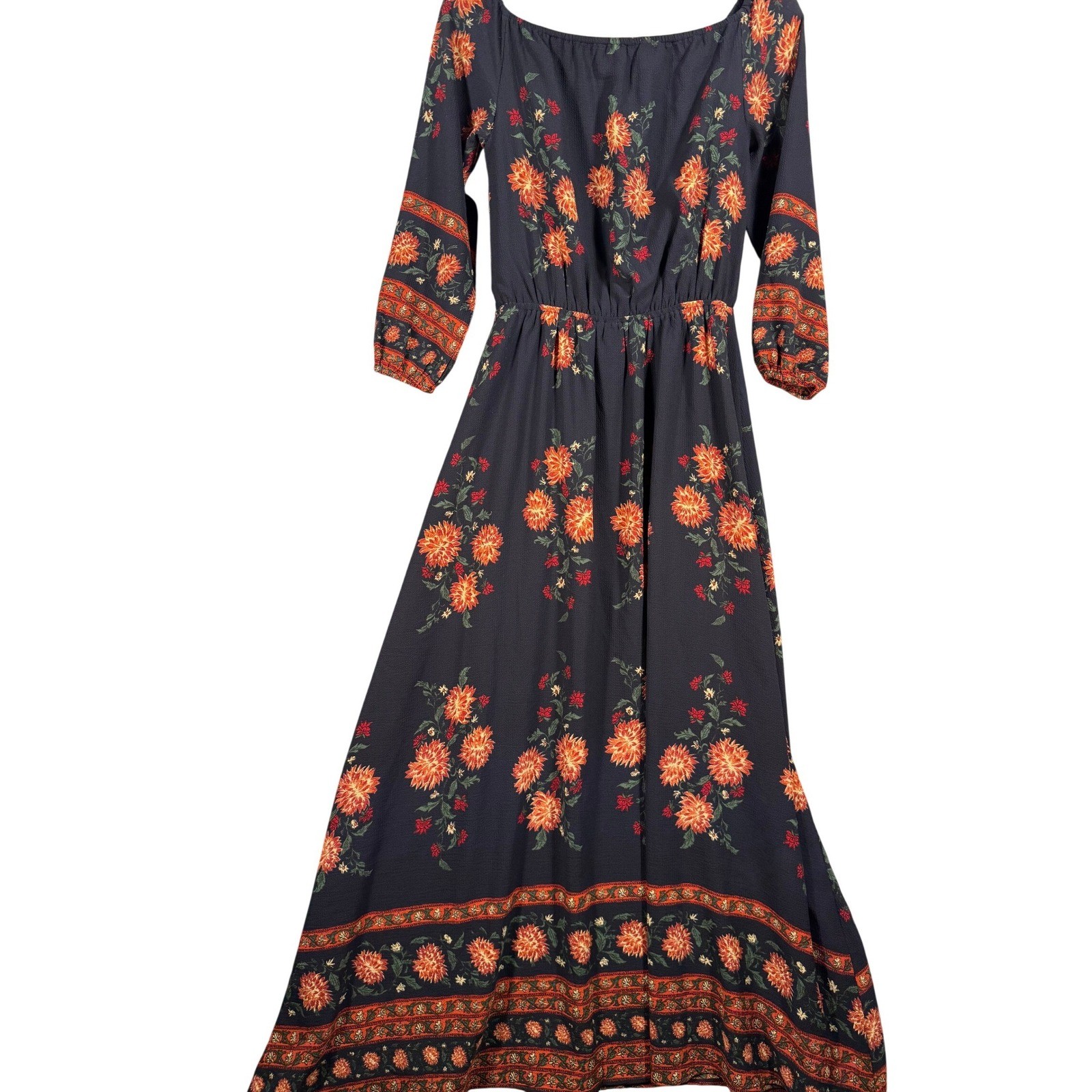Boho Floral Midi Dress S Navy Orange Peasant Puff Bishop Sleeve Smocked Maxi
