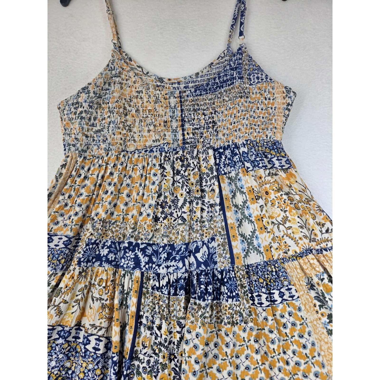 Angie Floral Patchwork Smocked Mini Dress Blue Yellow Boho Tiered Rayon Large