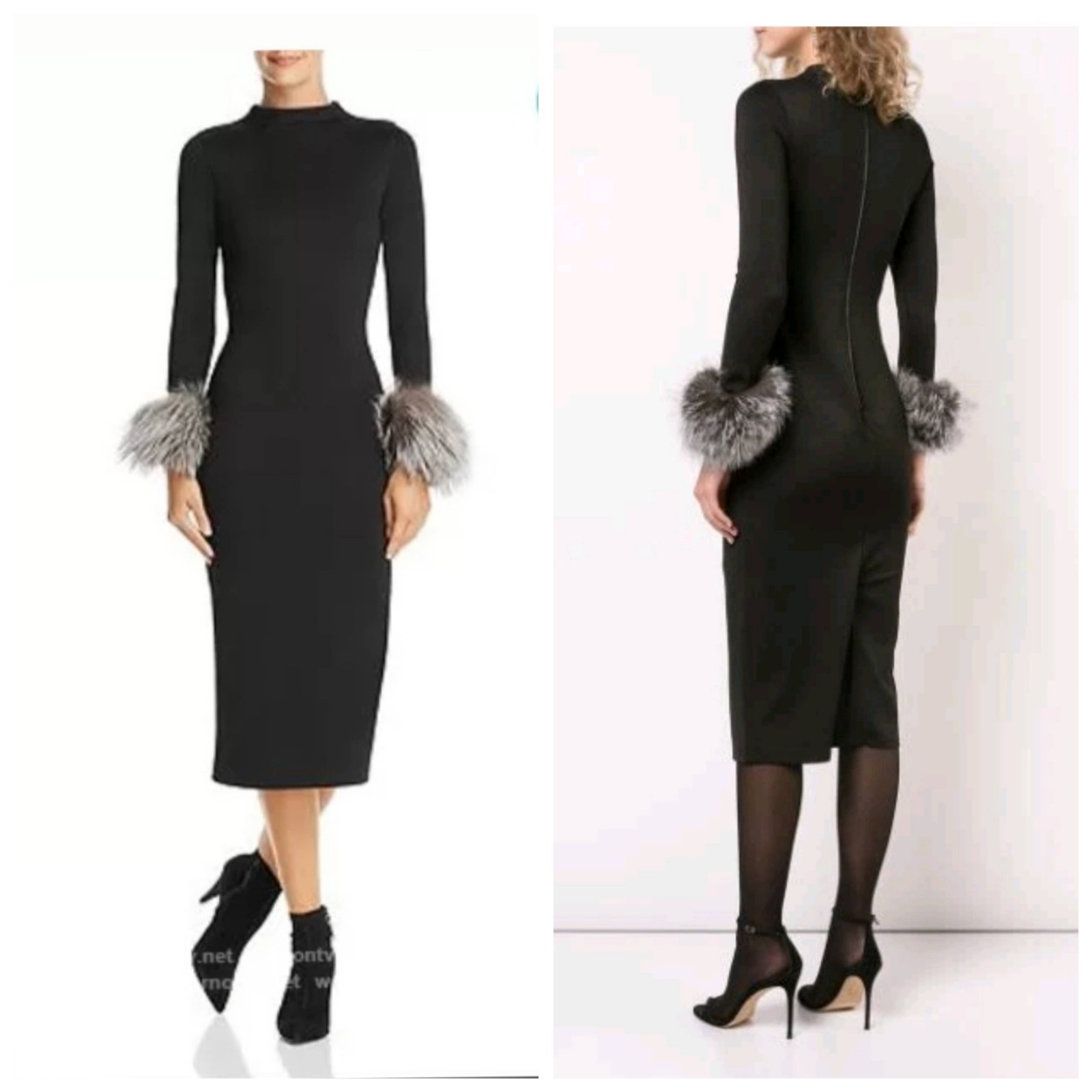 ALICE + OLIVIA Delora Fox Fur-cuff Sleeve Black Midi Dress. Size 4 $550