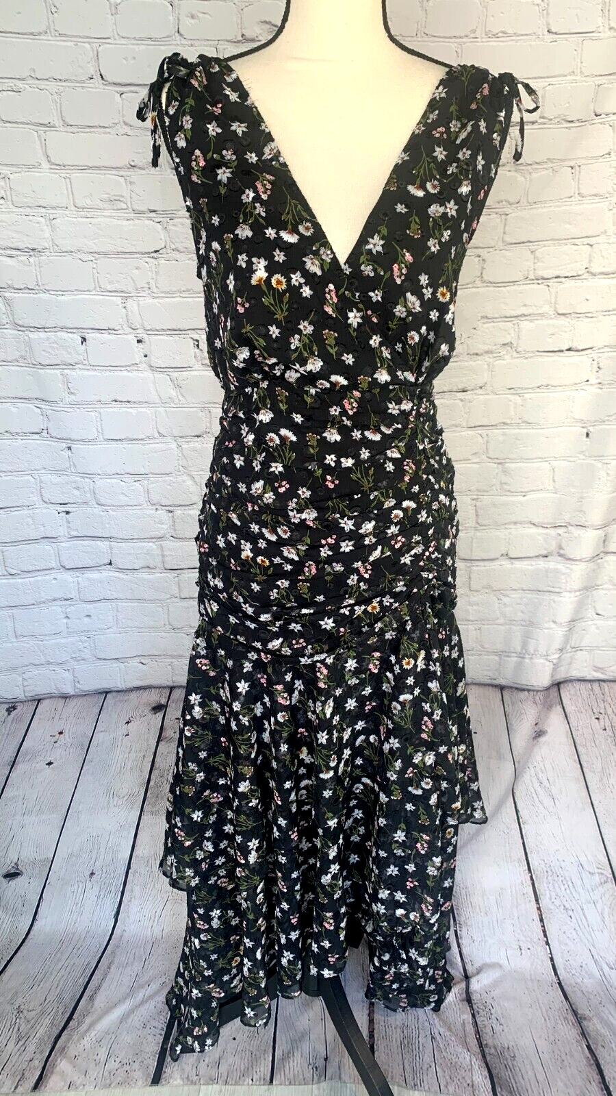 Fanco High Low Black Floral Layered Pleated Dress Sleeveless Front Tie Zip M