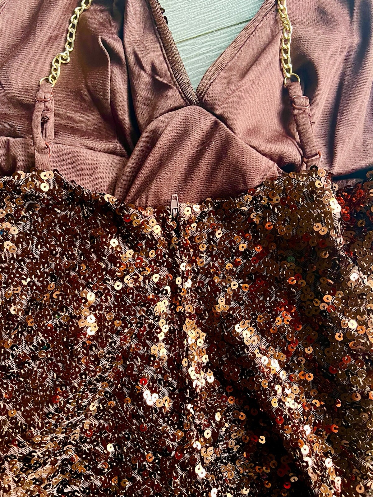 Crystal Doll Bronze Sequin Mini Dress Sz M Gold Chain Straps Ruched Party Dress