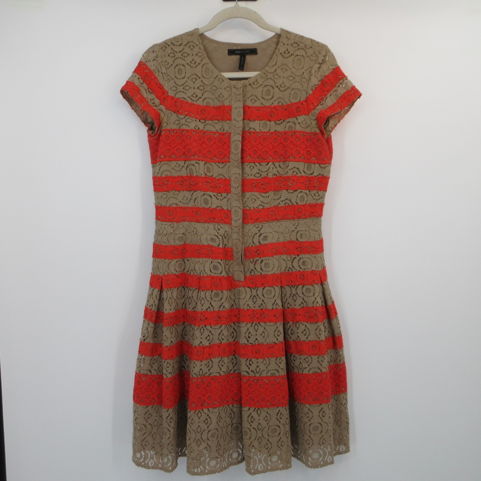 BCBGMAXAZRIA Taupe Coral Lace Striped Fit Flare Dress Size 6 Garden Romantic Mod