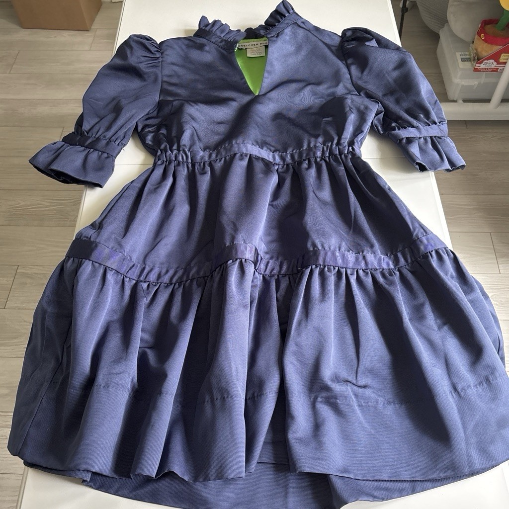 Gretchen Scott Blue Solid V-Neck Ruffle Puff Sleeve A-Line Knee Dress Size S