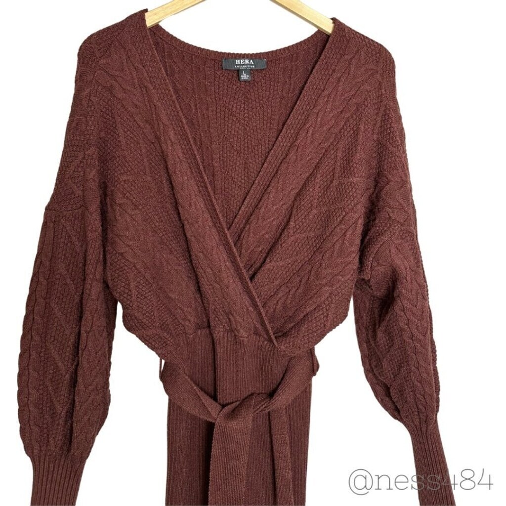 HERA Collection Cable Knit Wrap Sweater Dress Belted Long Sleeve Brown Size L