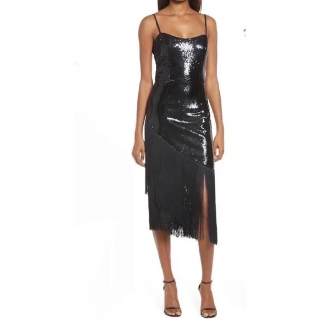 DRESS THE POPULATION Rosella Sequins Tassel Fringe Hem Dress Party X-Large