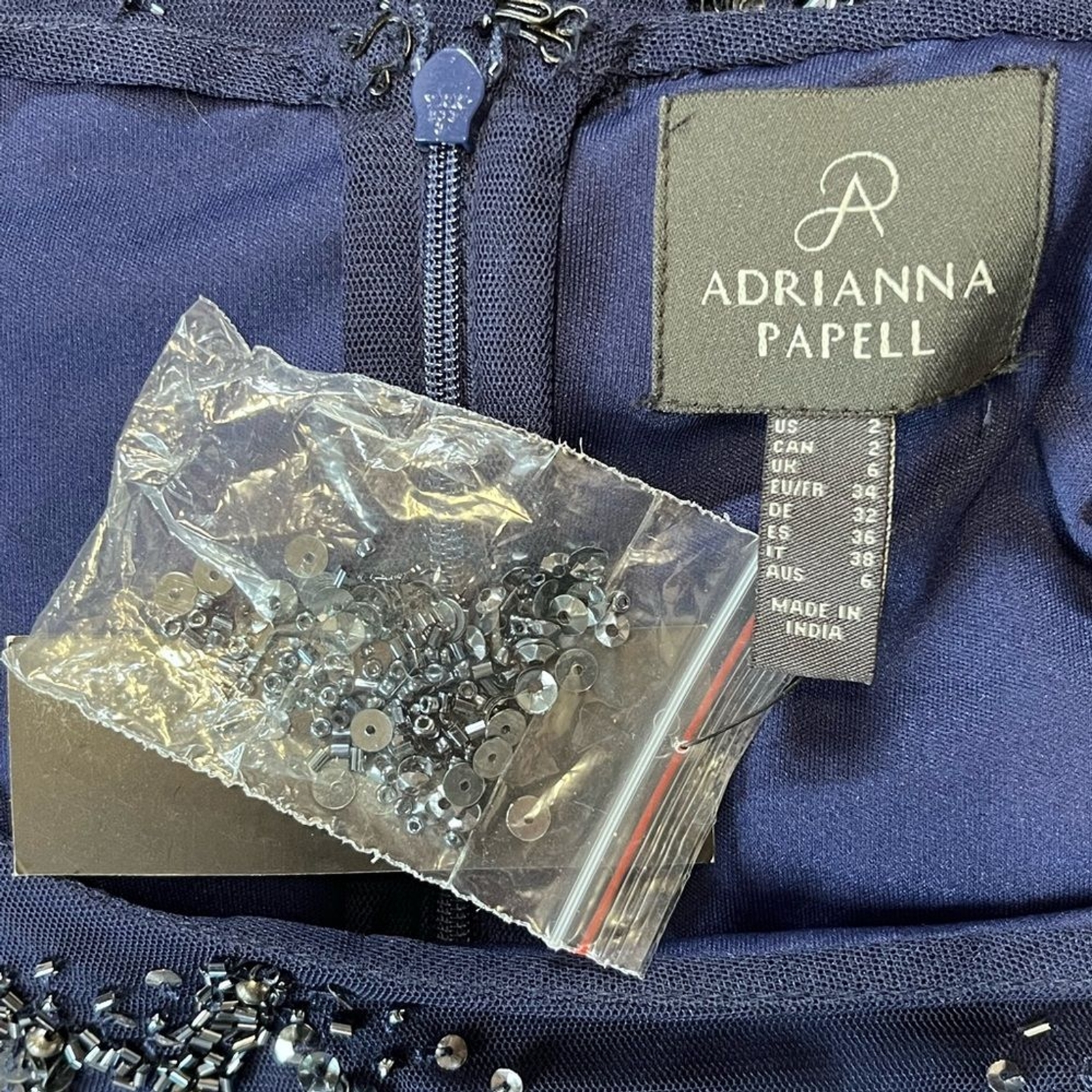 NWT Adrianna Papell | Hand Beaded Blouson Long Gown Flutter Sleeves Navy Blue 2