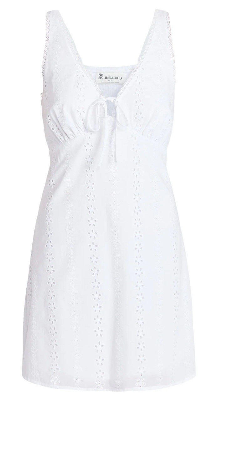 No Boundaries Women’s Size L Eyelet Cotton Lace Trim Plunge Mini Dress, NWT