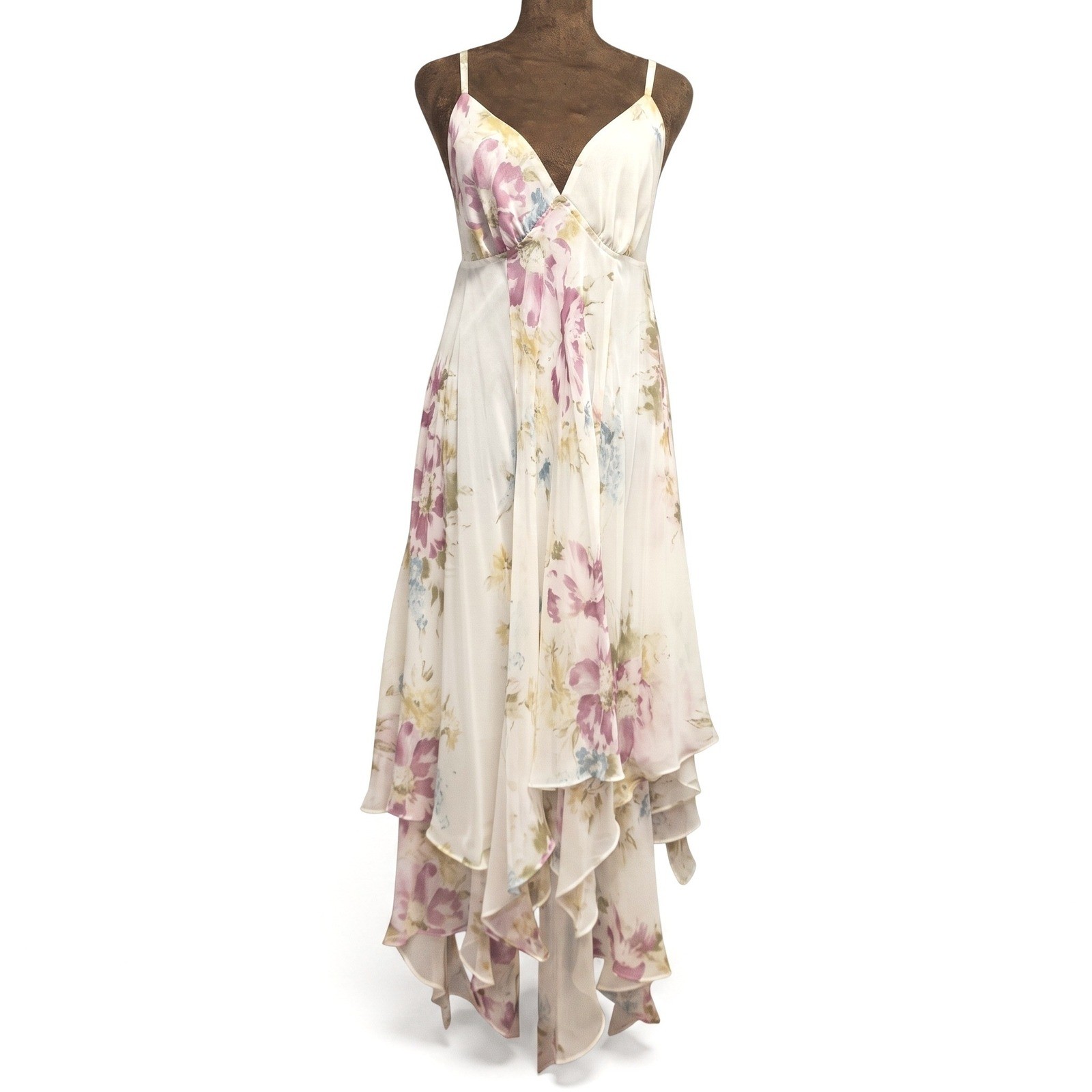 VTG 90s Floral Handkerchief Hem Chiffon Midi Dress Fairy Whimsy Victorias Secret