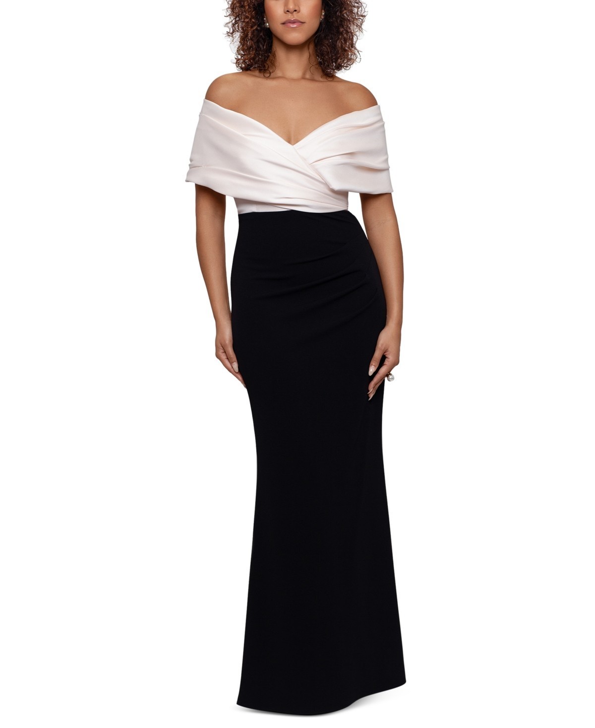Betsy & Adam Petite Off the-Shoulder Sweetheart Neckline Gown ChampagneBlack 14P