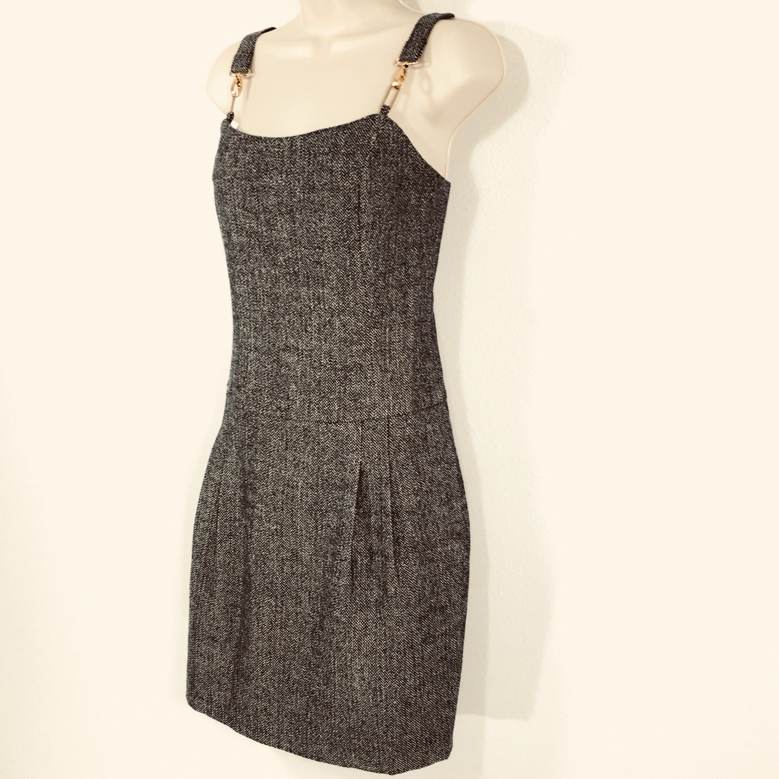 Vertigo Paris Herringbone Tweed Dress Jumper Sz XS Suspender Straps Preppy