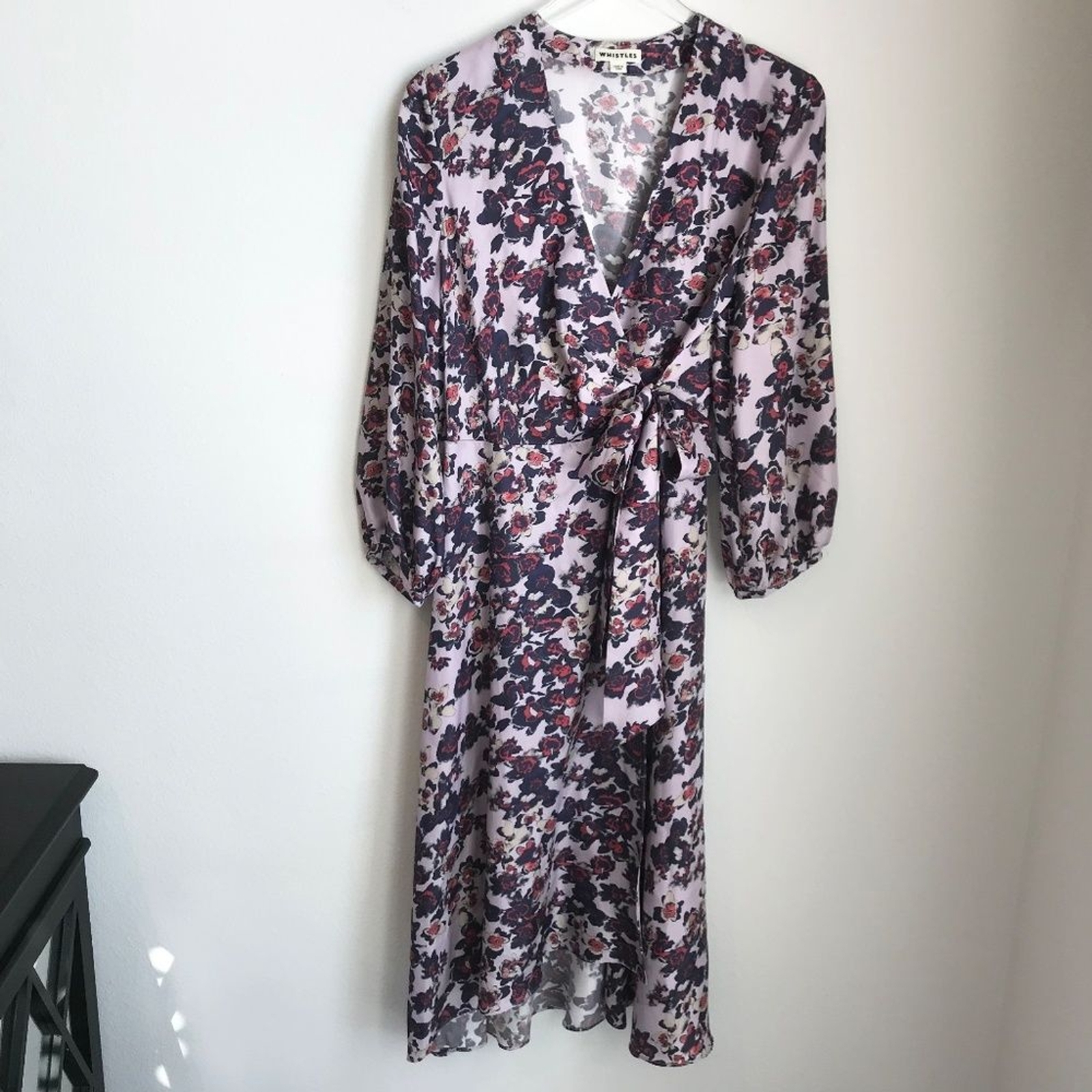 Whistles Silk Floral Print Midi Wrap V-Neck Dress 8 Purple Red Bracelet Sleeve