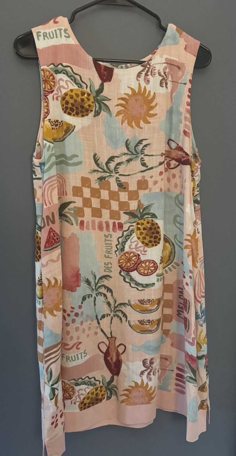 Paper Heart Pink Fruit Print Linen Sleeveless Shift Dress Womens LARGE