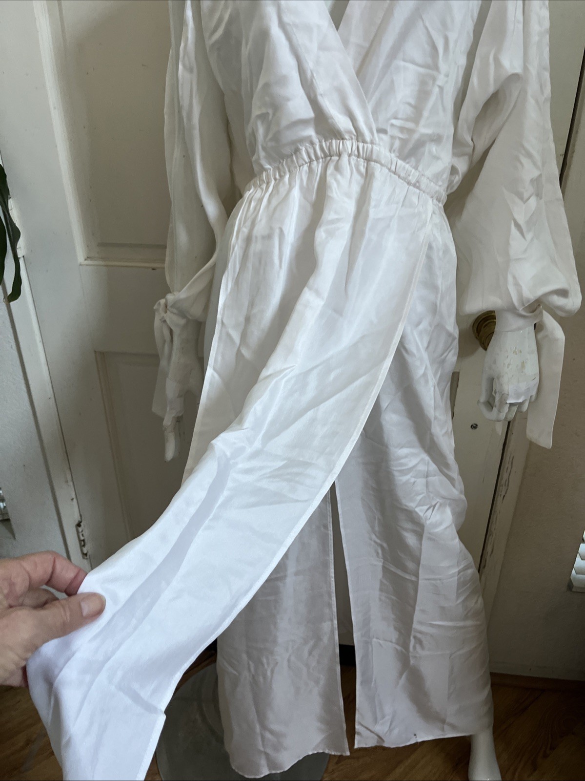 TUNICA STOLA NEW! White Flowy Silky Open/Tied Balloon Sleeve Maxi Dress O/S